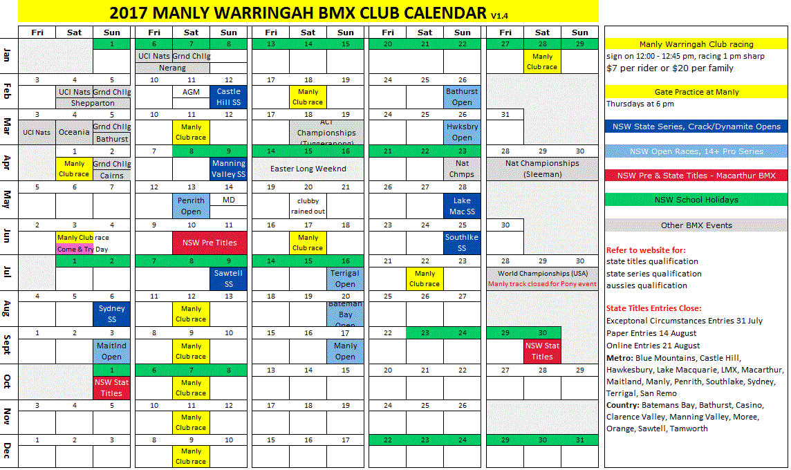 Calendar Manly Warringah BMX Club