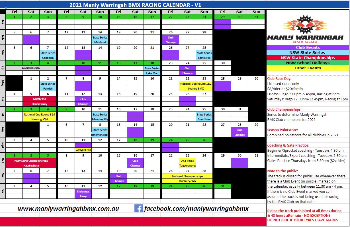 Calendar & Racing Manly Warringah BMX Club